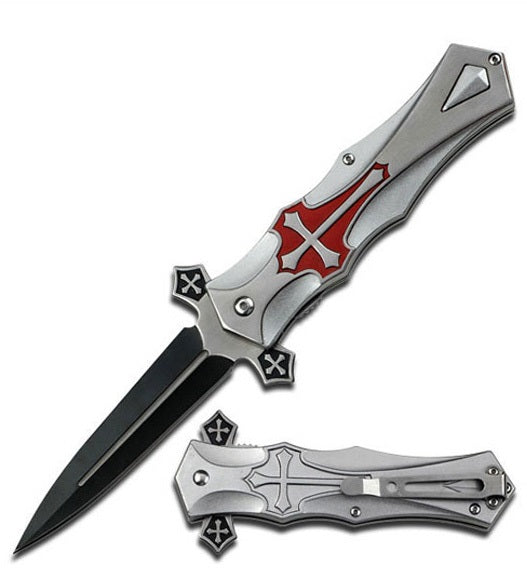 Crusader Cross Spring Assisted Pocket Knife Silver - TOPHATTER'S ARMORY DEALS Collectible Weapons - Tophatter Daily Deals