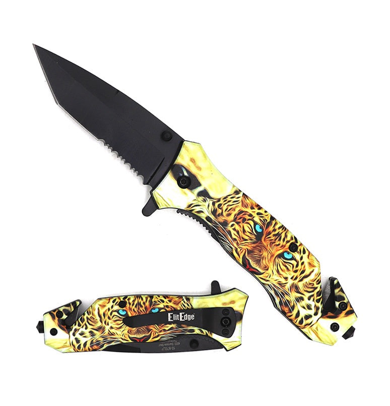 Leopard Handle Tactical Spring Assisted Serrated Tanto Blade Folding Knife - TOPHATTER'S ARMORY DEALS Collectible Weapons - Tophatter Daily Deals