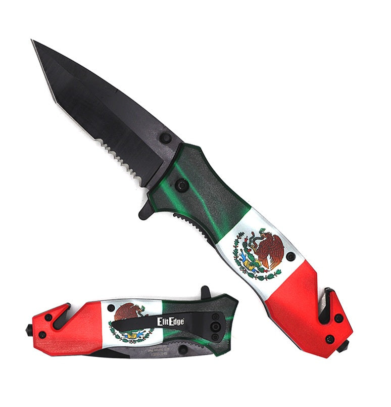 Mexican Flag Spring Assisted Serrated Tanto Blade Folding Knife - TOPHATTER'S ARMORY DEALS Collectible Weapons - Tophatter Daily Deals