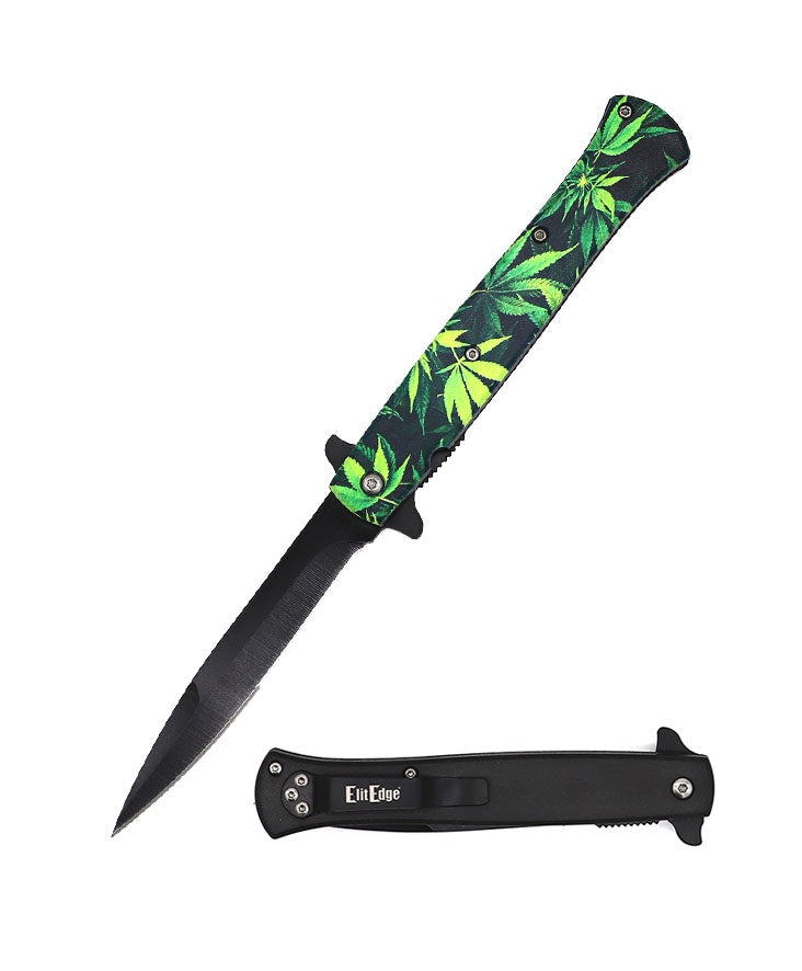 9" Marijuana Leaf Stiletto Style Spring Assist Opening Pocket Knife - TOPHATTER'S ARMORY DEALS Collectible Weapons - Tophatter Daily Deals