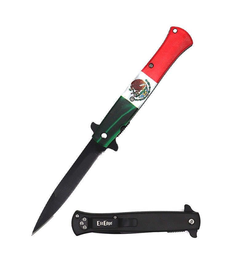 9" Mexican Flag Stiletto Style Spring Assist Opening Pocket Knife - TOPHATTER'S ARMORY DEALS Collectible Weapons - Tophatter Daily Deals