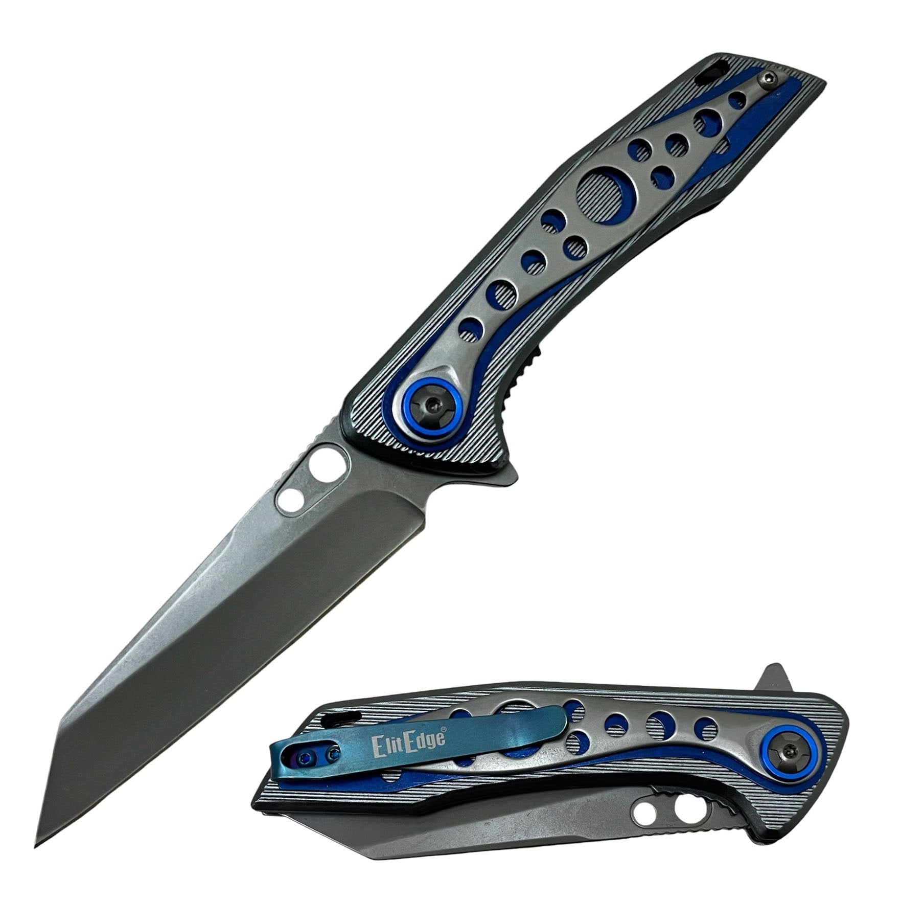 7.95" Overall Blue Spring Assist Folding Camping Pocket Knife - Tophatter's Guns'N'Weapons Store Collectible Weapons - Tophatter Daily Deals
