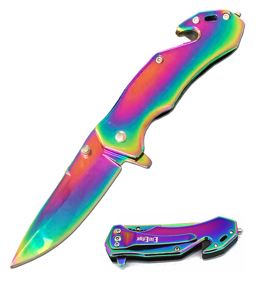 4" Closed Rainbow Tactical Rescue EDC Spring Assisted Folding Pocket Knife - Tophatter's Guns'N'Weapons Store - FREE SHIPPING Collectible Weapons - Tophatter Daily Deals