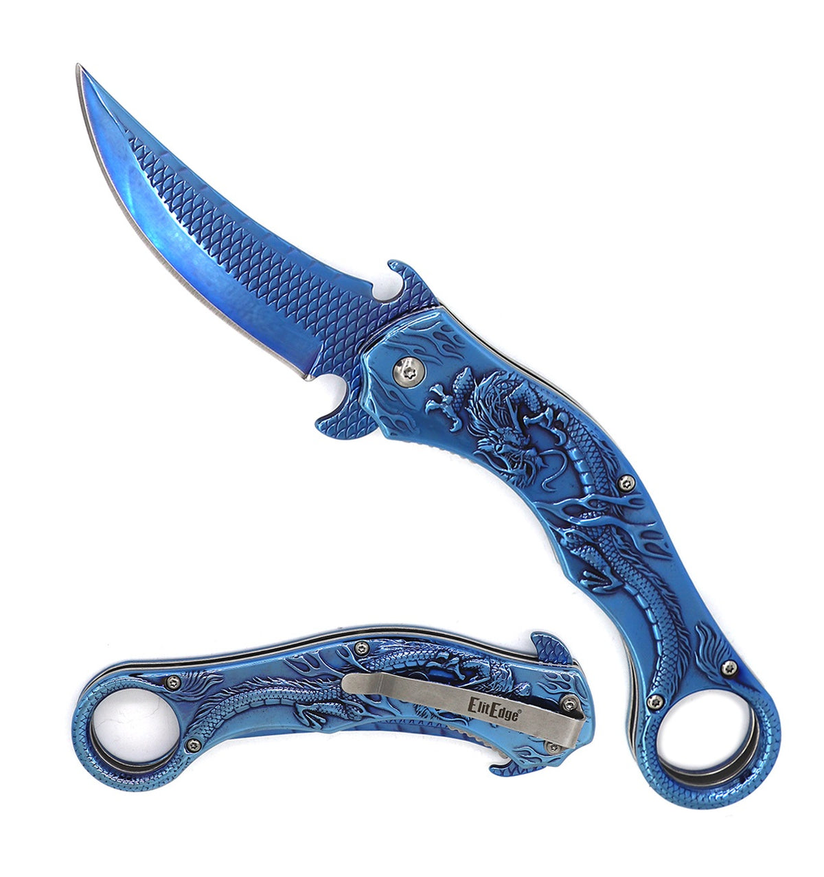 Blue Dragon Sculpture 8.25” Karambit Tactical Spring Assisted Folding Pocket Knife - Tophatter's Inc. Weapons Store Online Collectible Weapons - Tophatter Daily Deals