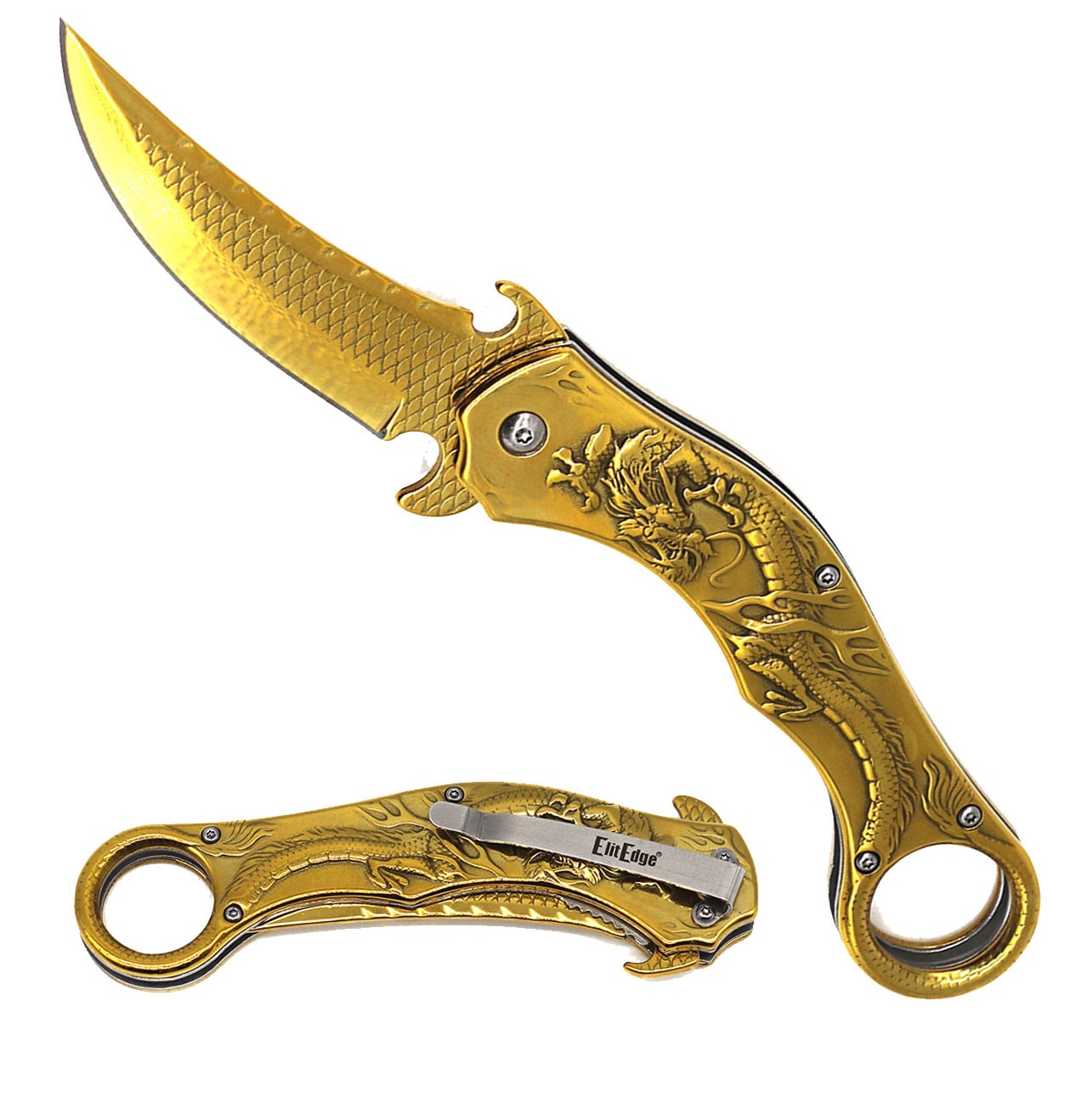 Golden Dragon Sculpture 8.25” Karambit Tactical Spring Assisted Folding Pocket Knife - Tophatter's Army Products & Self Defense Collectible Weapons - Tophatter Daily Deals