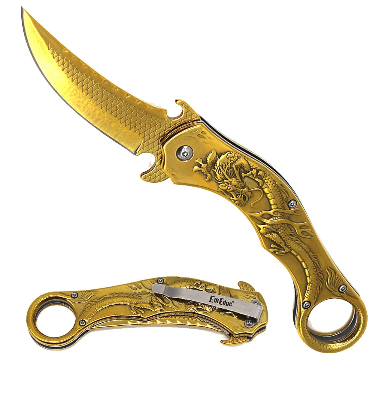 Golden Dragon Sculpture 8.25” Karambit Tactical Spring Assisted Folding Pocket Knife - Tophatter's Guns'N'Weapons Store Collectible Weapons - Tophatter Daily Deals