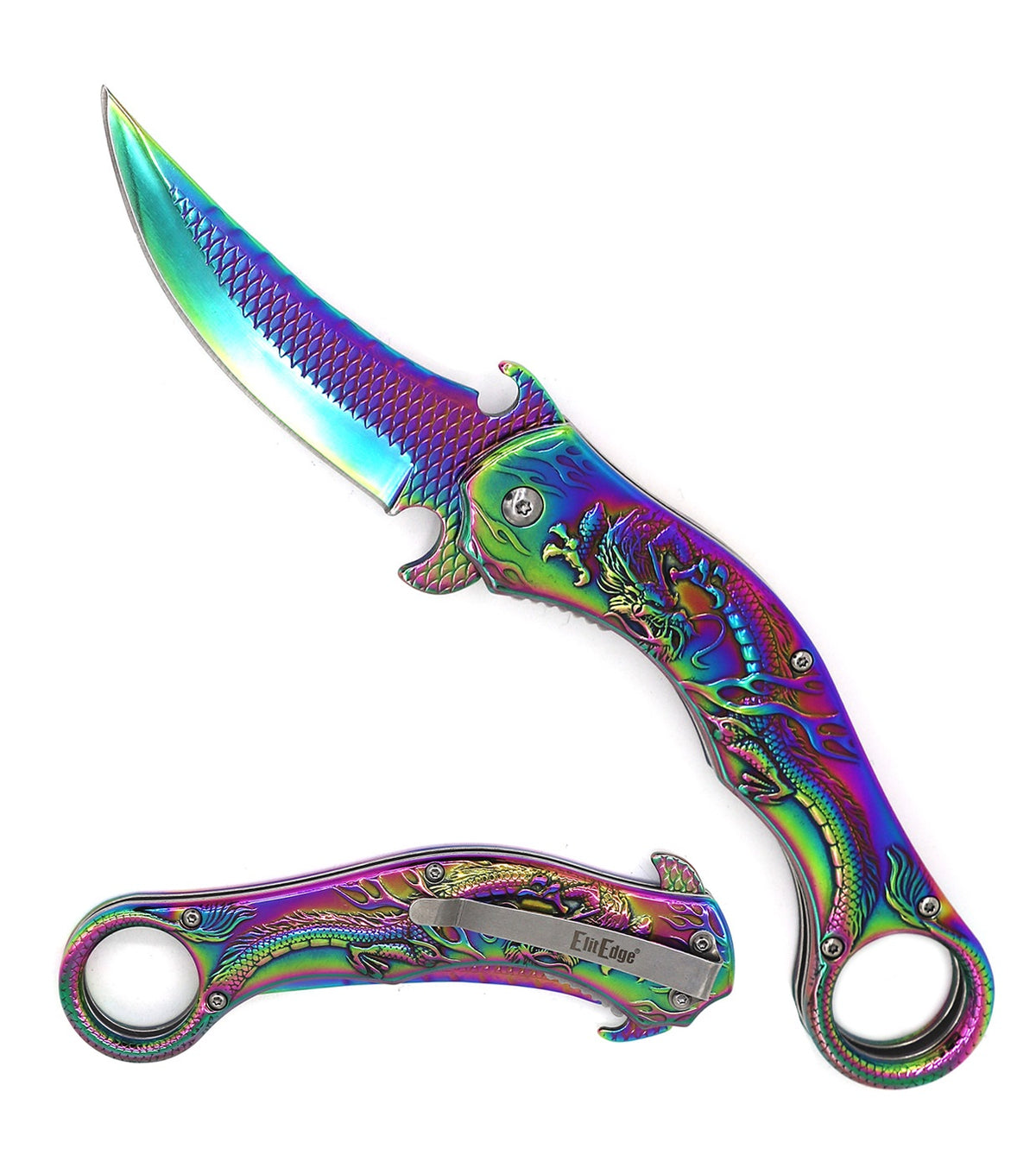 Rainbow Dragon Sculpture 8.25” Karambit Tactical Spring Assisted Folding Pocket Knife - TOPHATTER'S ARMORY DEALS Collectible Weapons - Tophatter Daily Deals