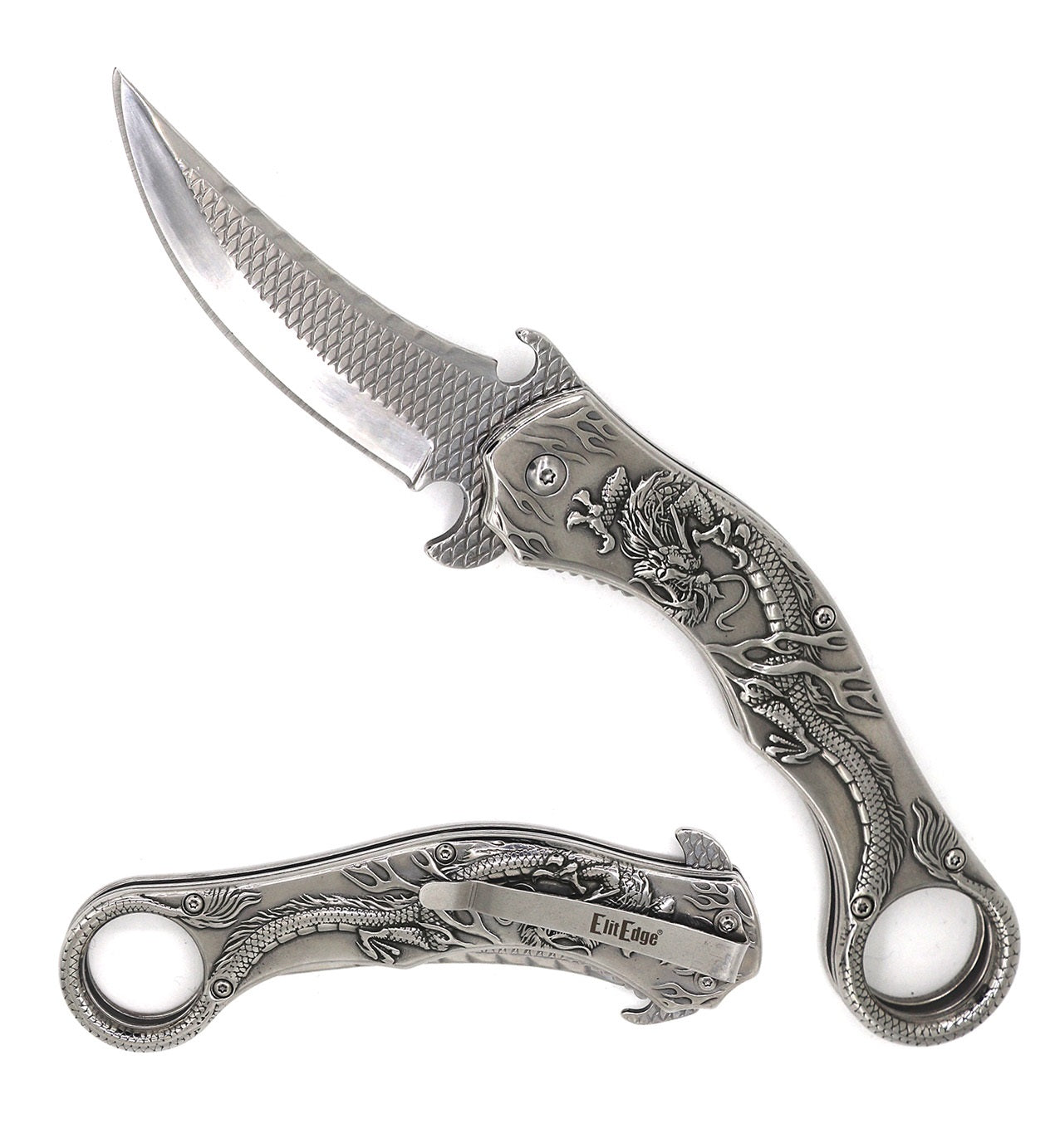 Silver Dragon Sculpture 8.25” Karambit Tactical Spring Assisted Folding Pocket Knife - Tophatter's Guns'N'Weapons Store Collectible Weapons - Tophatter Daily Deals