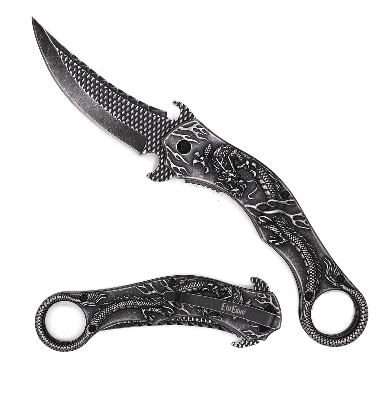Stone Wash Dragon Sculpture 8.25” Karambit Tactical Spring Assisted Folding Pocket Knife - Tophatter's Army Products & Self Defense Collectible Weapons - Tophatter Daily Deals