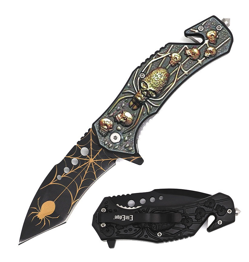 8.5" Brown Spider Skull Spring Assisted Pocket Knife Military Tactical - Tophatter's Inc. Weapons Store Online Collectible Weapons - Tophatter Daily Deals