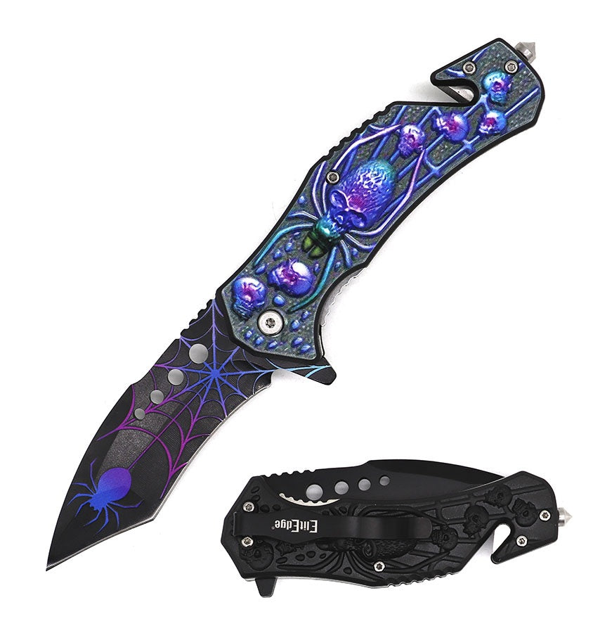 8.5" Multicolor Spider Skull Spring Assisted Pocket Knife Military Tactical - Tophatter's Guns'N'Weapons Store Collectible Weapons - Tophatter Daily Deals
