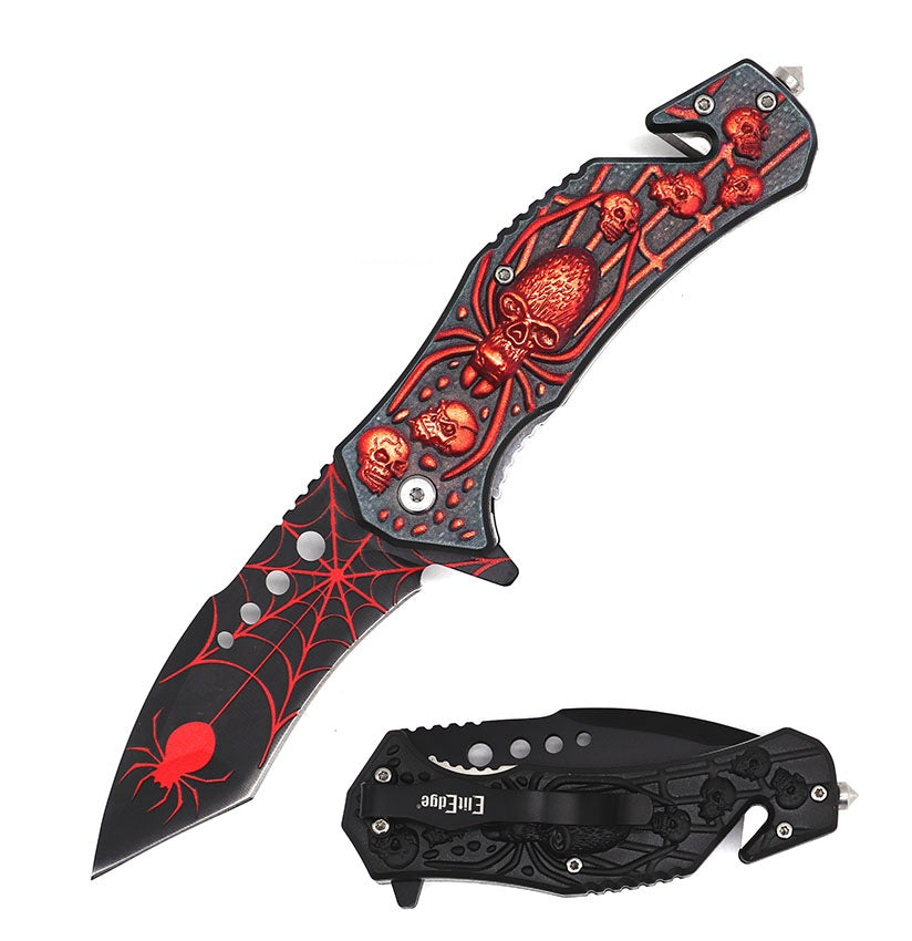 8.5" Red Spider Skull Spring Assisted Pocket Knife Military Tactical - Tophatter's Inc. Weapons Store Online Collectible Weapons - Tophatter Daily Deals