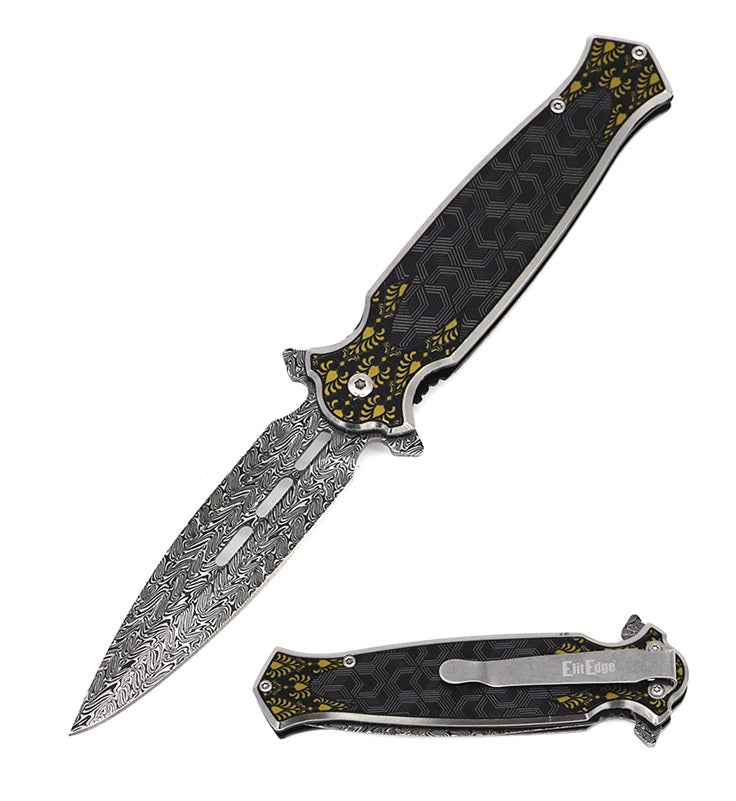 8.25" Damascus Etch Style Black Dirk Dagger Spring Assist Pocket Knife - TOPHATTER'S ARMORY DEALS Collectible Weapons - Tophatter Daily Deals