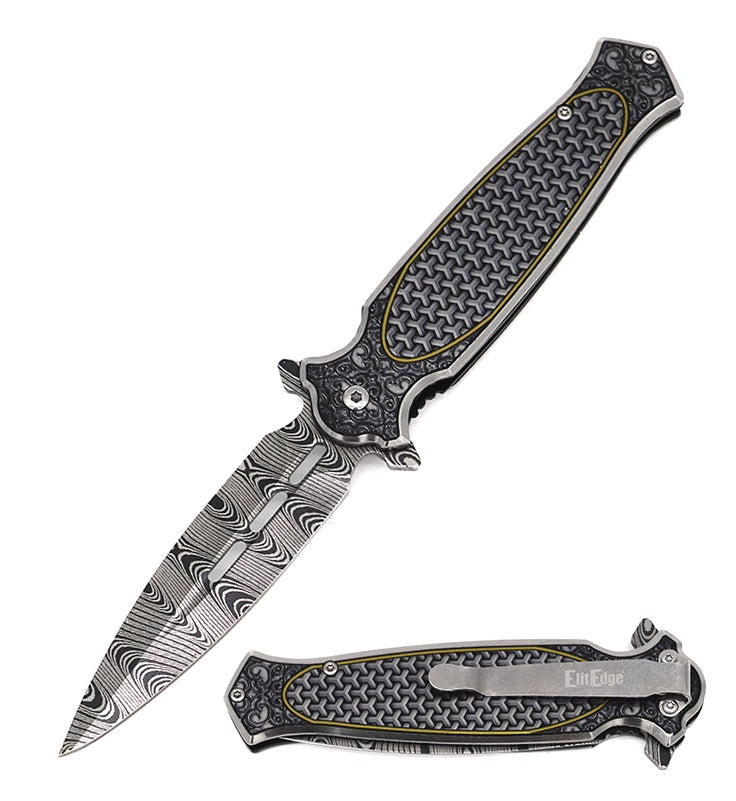8.25" Damascus Etch Style Grey Dirk Dagger Spring Assist Pocket Knife - Tophatter's Guns'N'Weapons Store Collectible Weapons - Tophatter Daily Deals