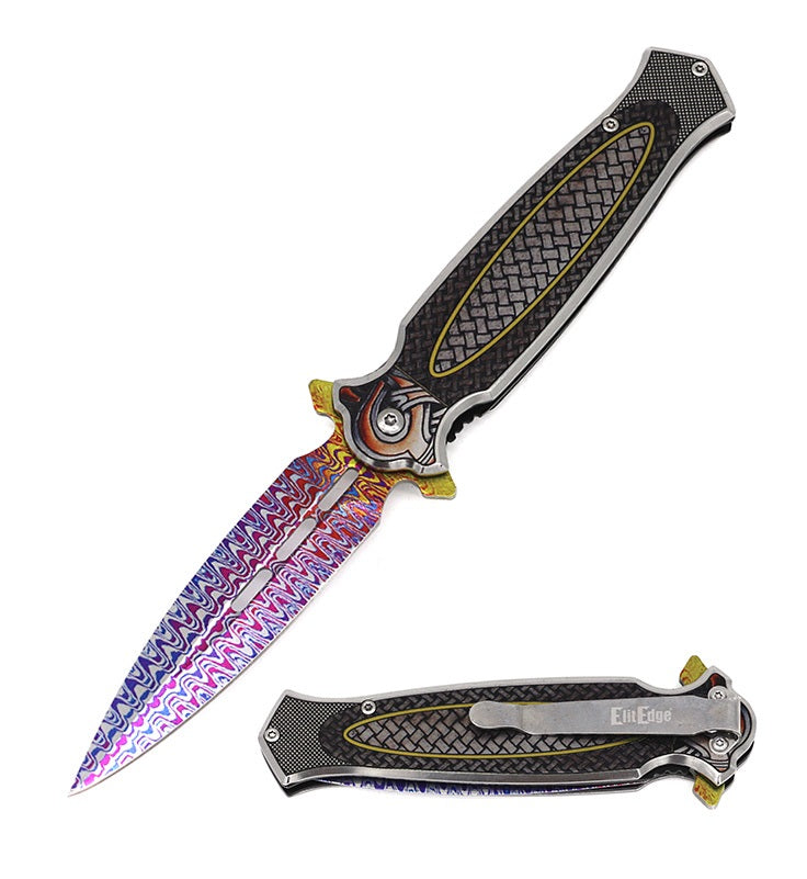 8.25" Rainbow Damascus Etch Style Dirk Dagger Spring Assist Pocket Knife - Tophatter's Guns'N'Weapons Store Collectible Weapons - Tophatter Daily Deals