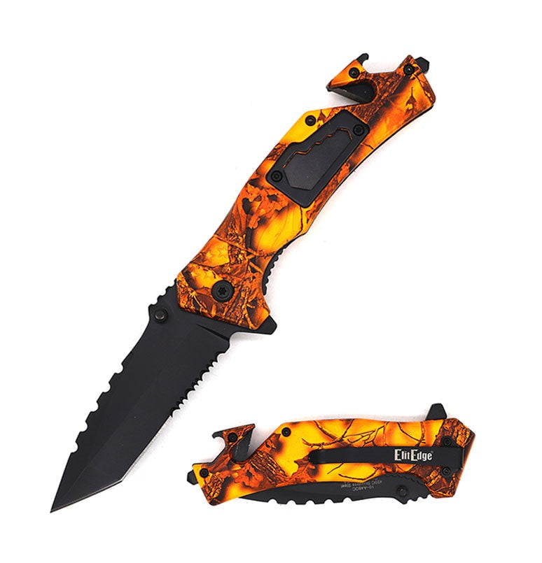 8" Military Tactical Spring Assisted Rescue Multi Tool Pocket Orange Camo Knife Collectible Weapons - Tophatter Daily Deals