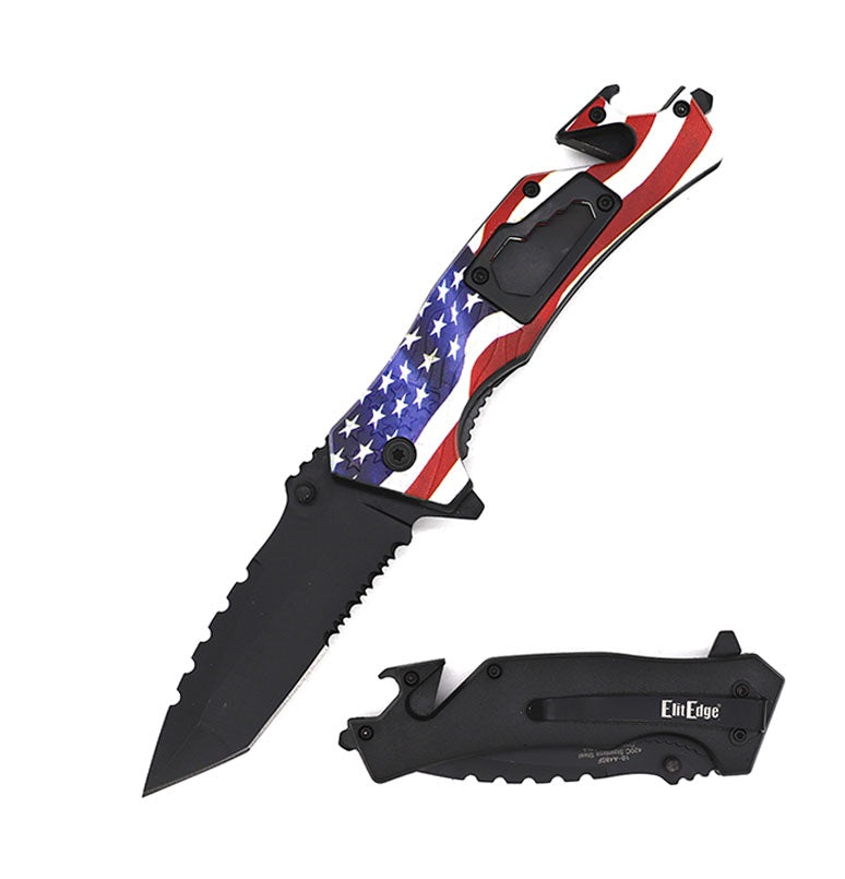 8" Military Tactical Spring Assisted Rescue Multi Tool Pocket USA Flag Knife Collectible Weapons - Tophatter Daily Deals