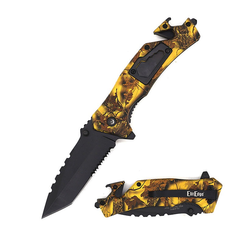 8" Military Tactical Spring Assisted Rescue Multi Tool Pocket Yellow Camo Knife Collectible Weapons - Tophatter Daily Deals