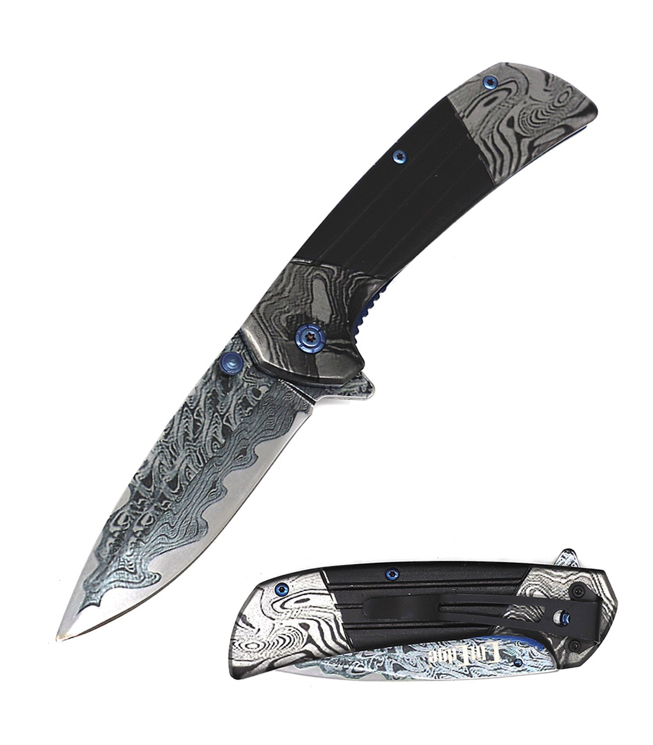 8" Black Heavy Titanium Damascus Etched Stainless Steel Spring Assisted Pocket Knife - Tophatter's Guns'N'Weapons Store Collectible Weapons - Tophatter Daily Deals
