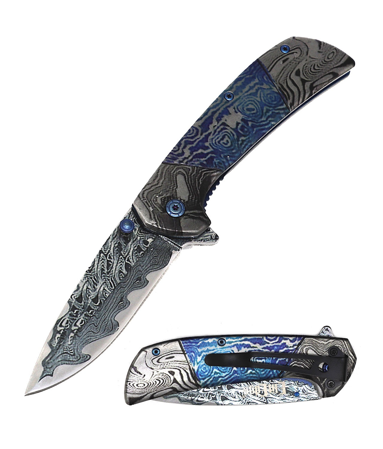 8" Heavy Blue Titanium Damascus Etched Stainless Steel Spring Assisted Pocket Knife - TOPHATTER'S ARMORY DEALS Collectible Weapons - Tophatter Daily Deals