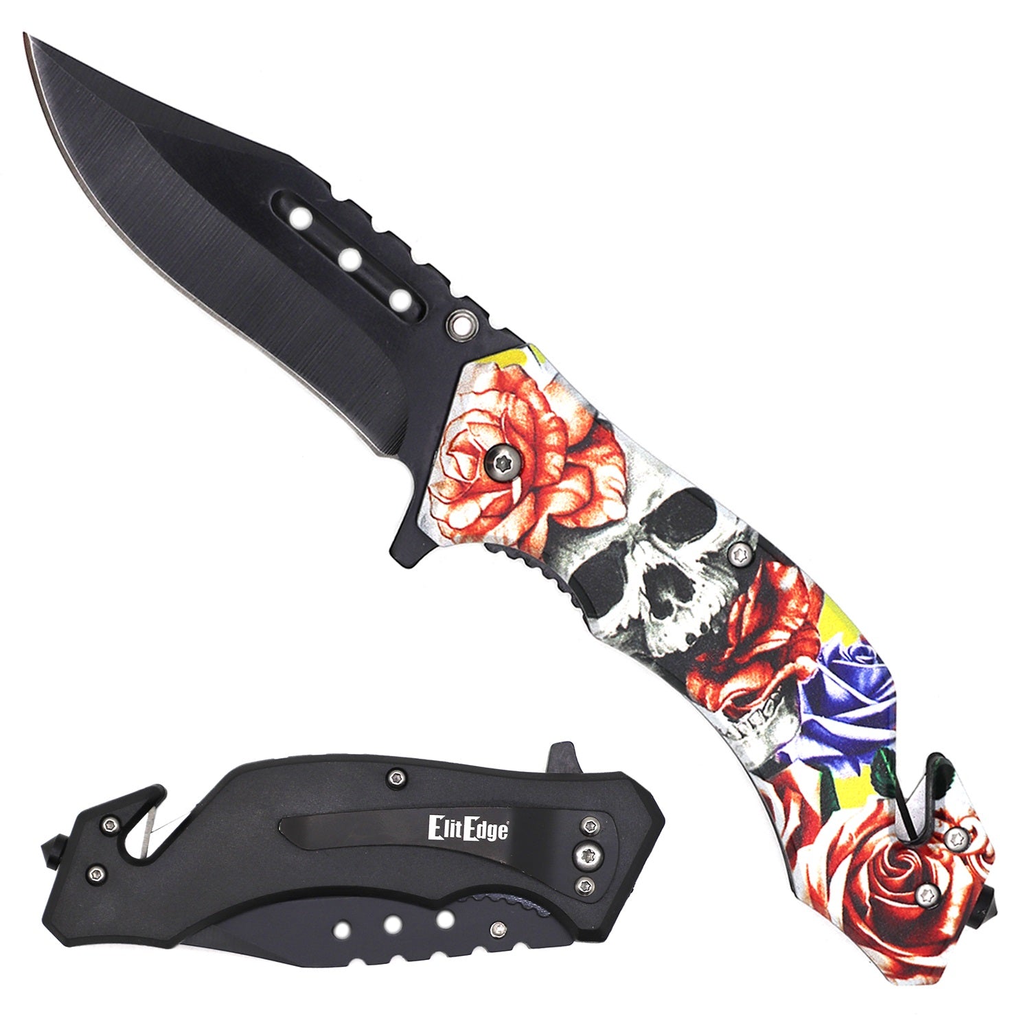 Military TACTICAL Assisted Open Pocket Folding Skull Roses Rescue Knife Blade Collectible Weapons - Tophatter Daily Deals