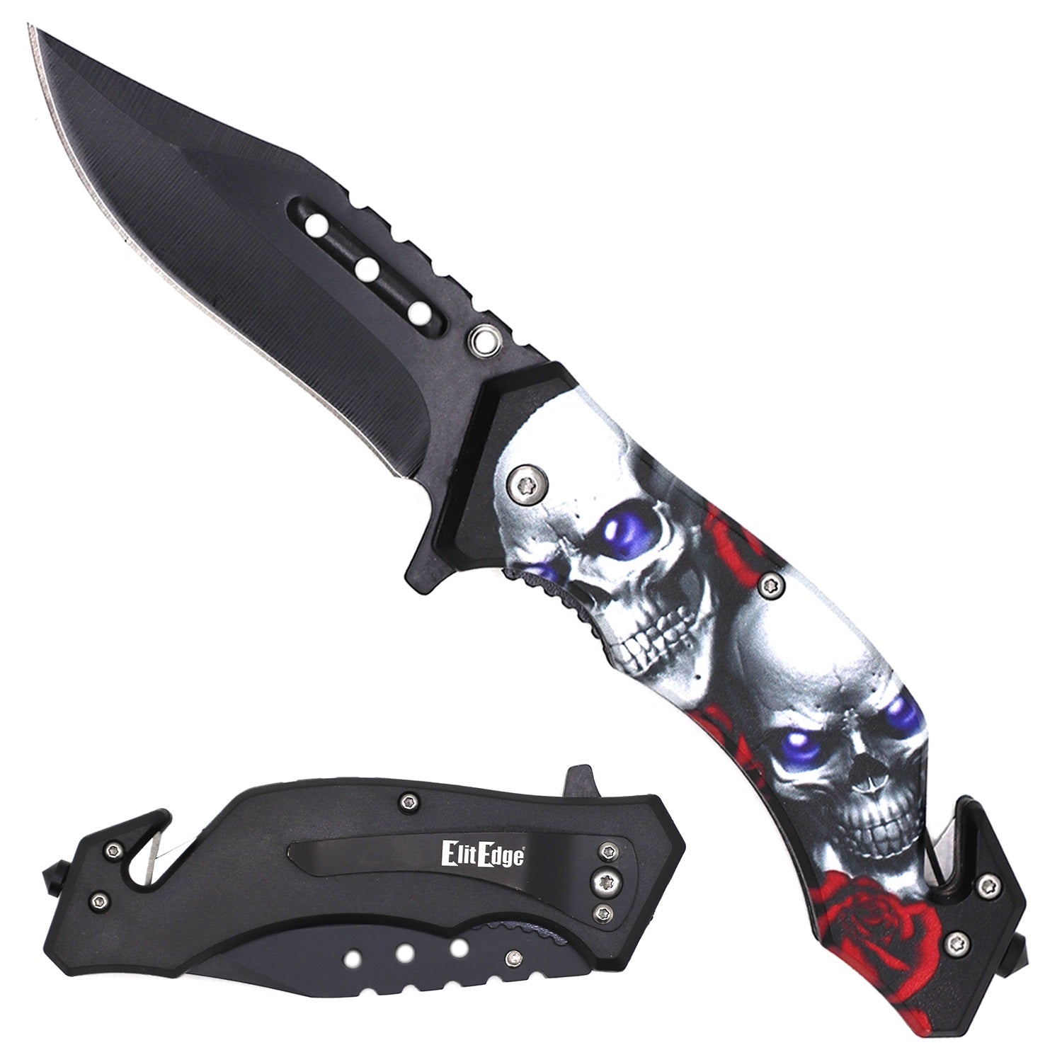 Military TACTICAL Assisted Open Pocket Folding Silver Skulls Rescue Knife Blade Collectible Weapons - Tophatter Daily Deals
