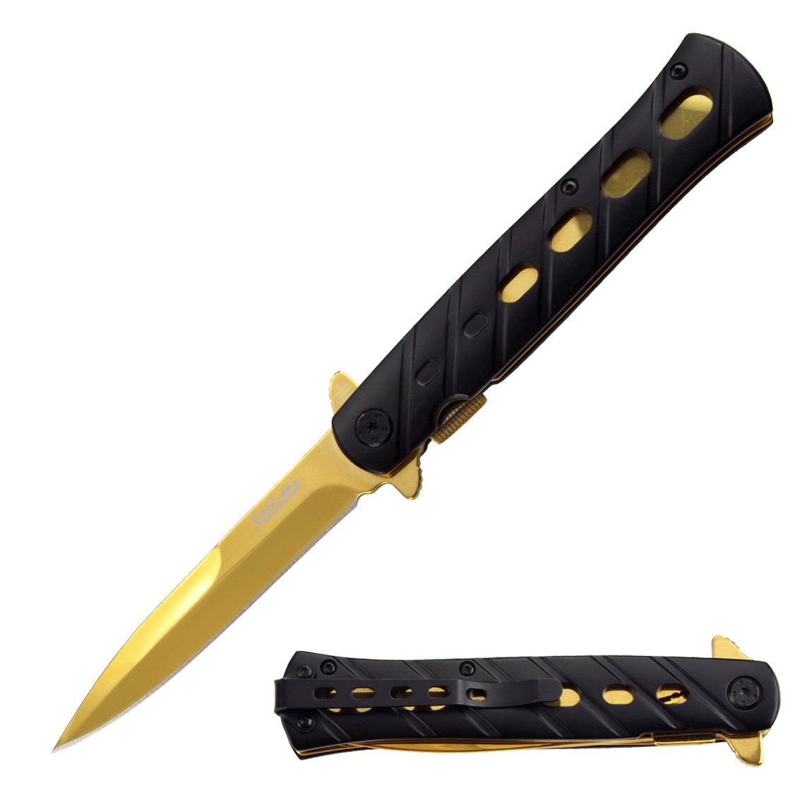 9" Spring Assisted Gold STILETTO Style Pocket Knife Collectible Weapons - Tophatter Daily Deals