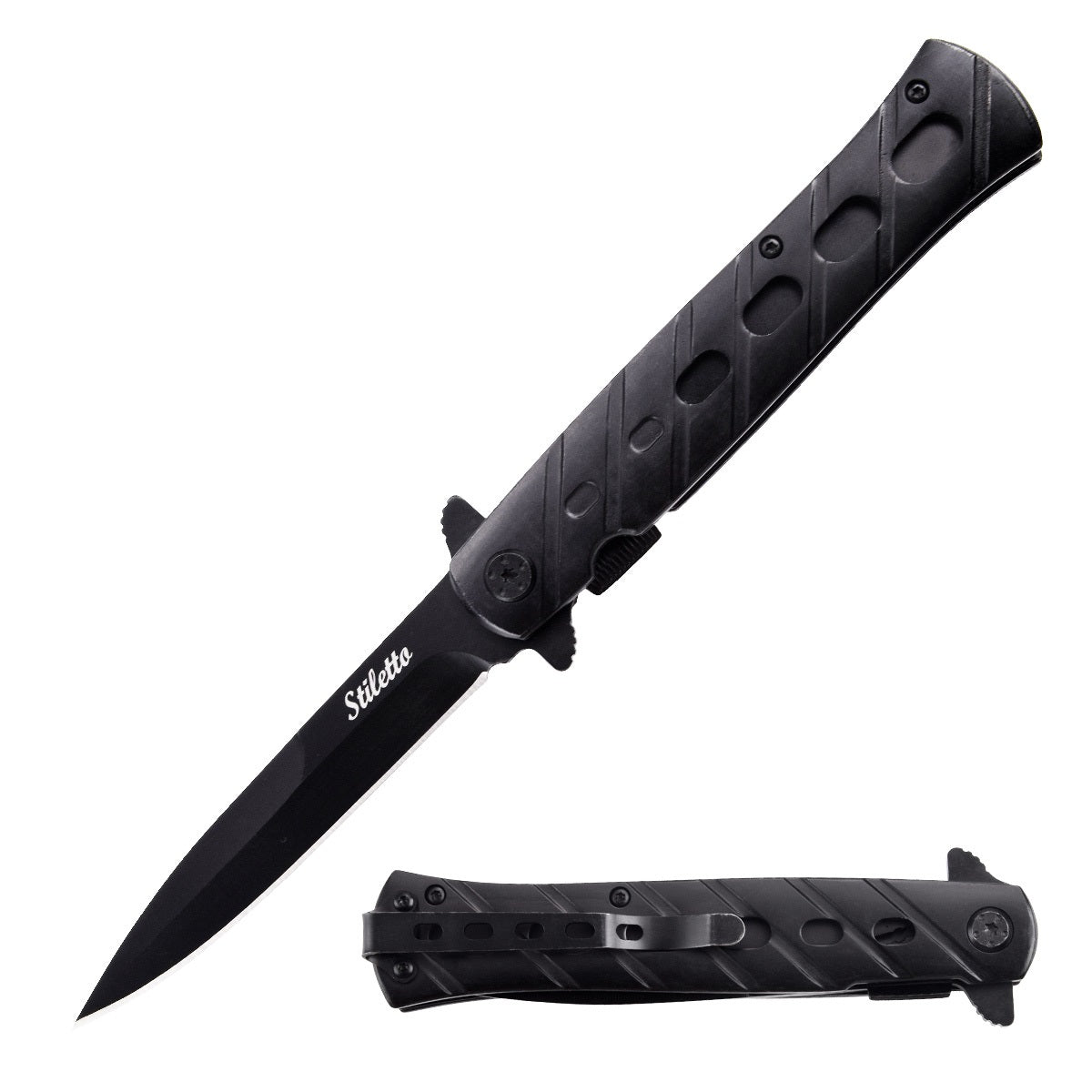 9" Spring Assisted Black STILETTO Style Pocket Knife Collectible Weapons - Tophatter Daily Deals
