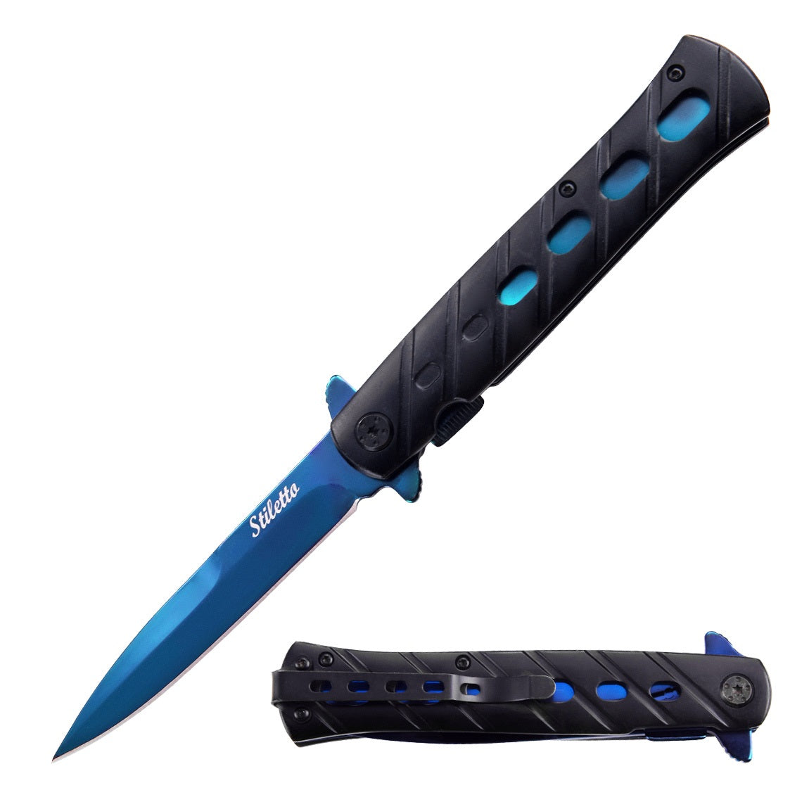 9" Spring Assisted Blue STILETTO Style Pocket Knife - Tophatter's Guns'N'Weapons Store - FREE SHIPPING Collectible Weapons - Tophatter Daily Deals