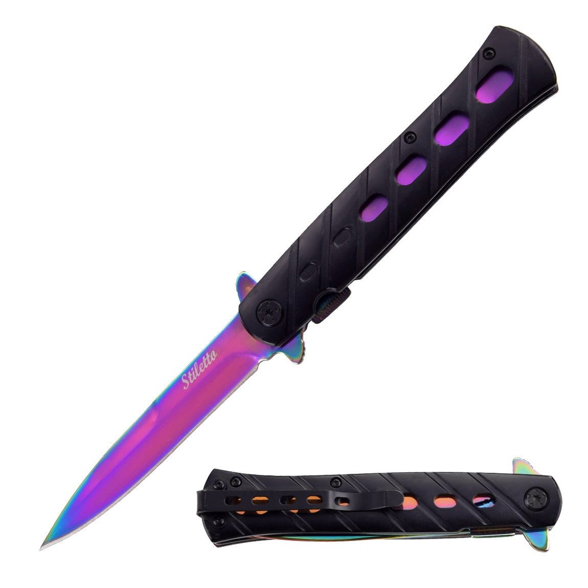 9" Spring Assisted Rainbow STILETTO Style Pocket Knife Collectible Weapons - Tophatter Daily Deals