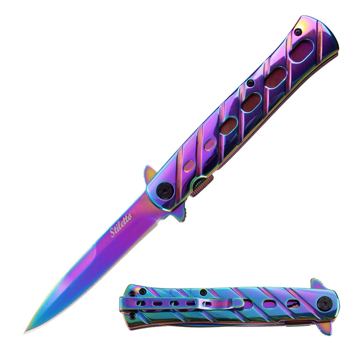 9" Spring Assisted Titanium Rainbow STILETTO Style Pocket Knife - Tophatter's Army Products & Self Defense Collectible Weapons - Tophatter Daily Deals