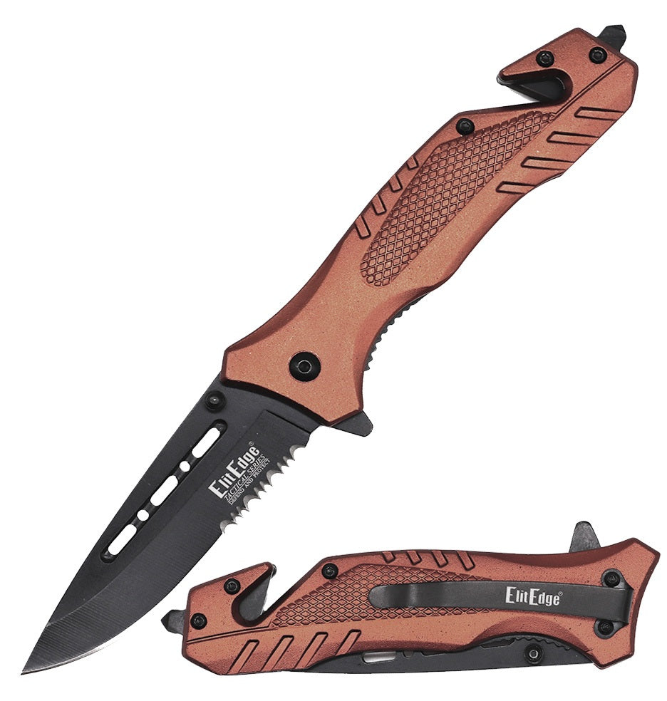 4.75" Closed Brown Aluminum Handle Tactical Rescue Spring Assist Knife - TOPHATTER'S ARMORY DEALS Collectible Weapons - Tophatter Daily Deals