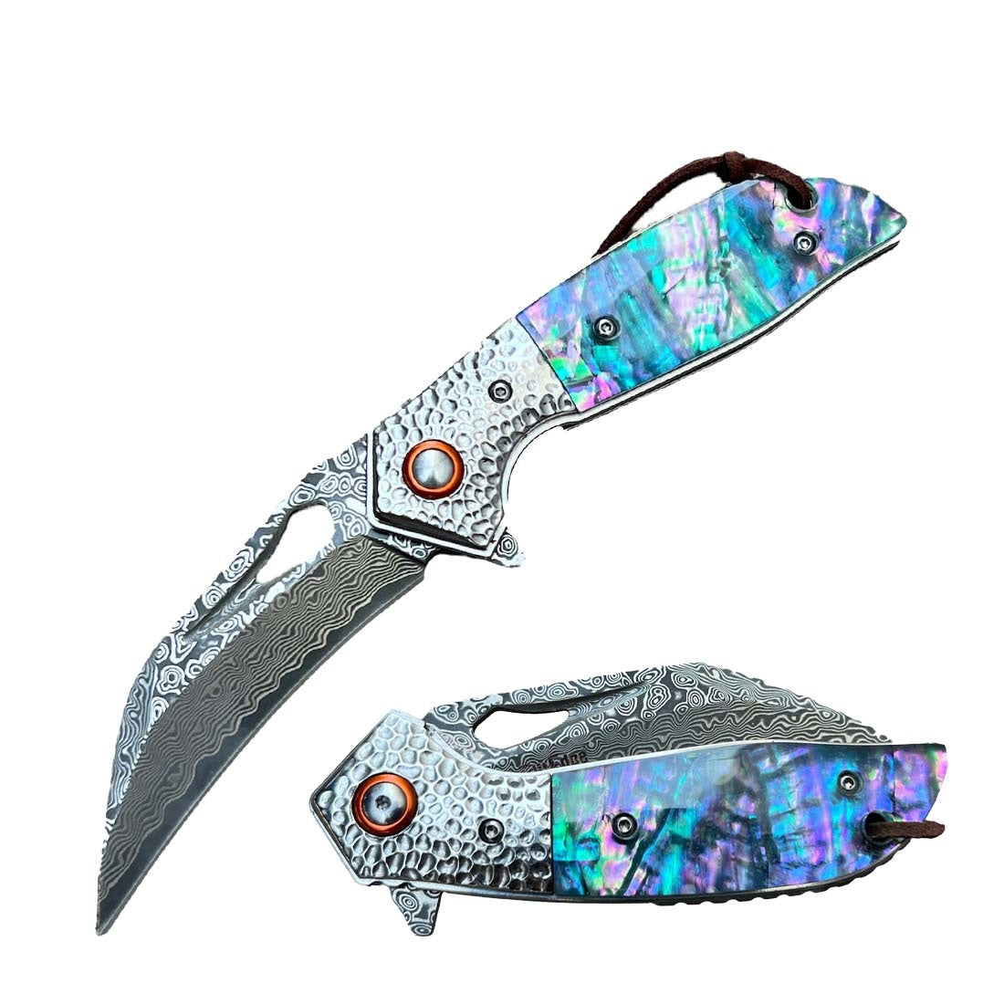 Ball Bearing Damascus Hawk Blade Pocket Knife with Abalone Handle Collectible Weapons - Tophatter Daily Deals
