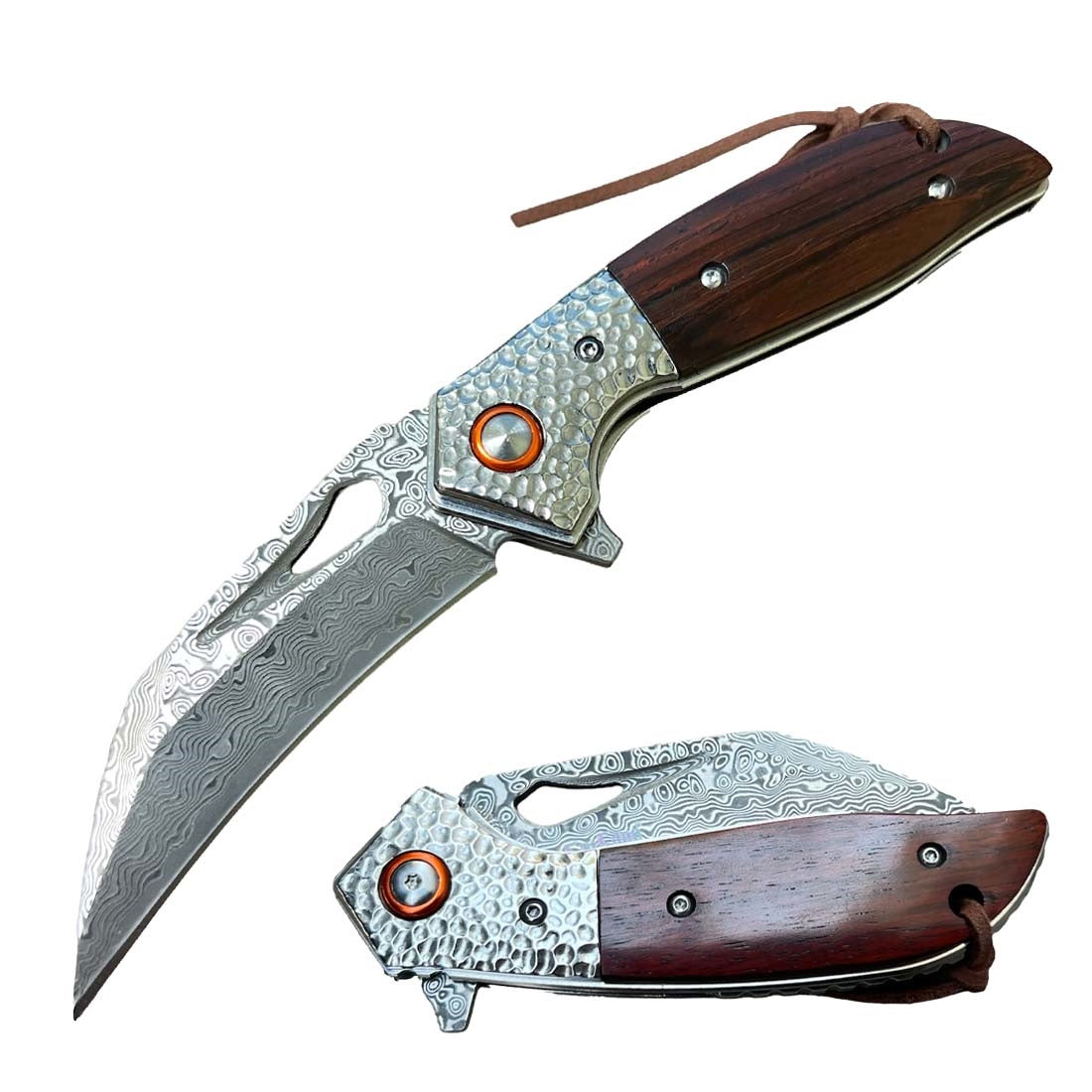 Ball Bearing Damascus Hawk Blade Pocket Knife with Wood Handle Collectible Weapons - Tophatter Daily Deals