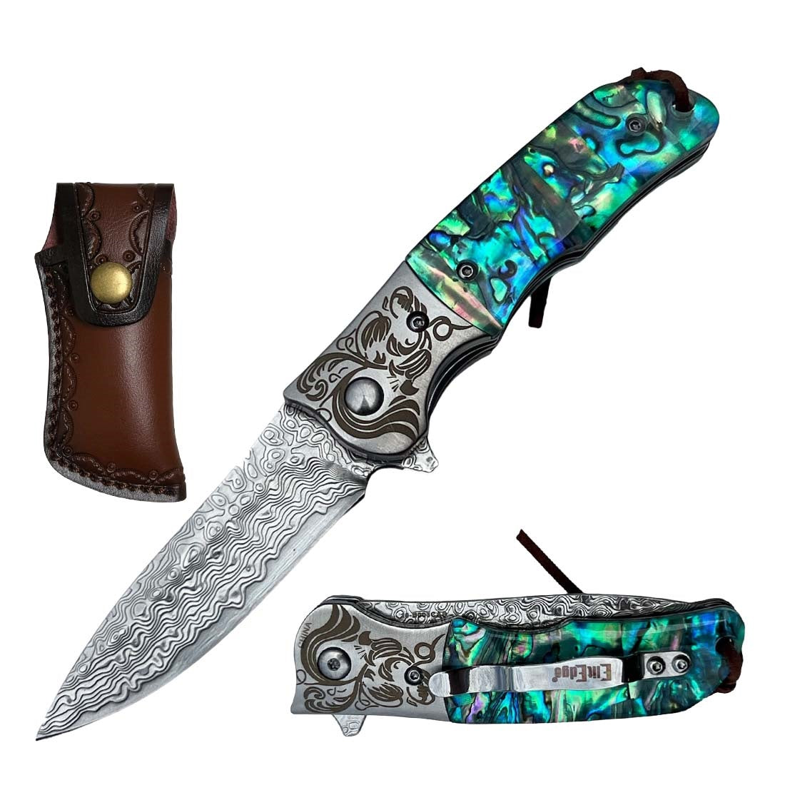 Ball Bearing Damascus Blade Pocket Knife with Abalone Handle - TOPHATTER'S ARMORY DEALS Collectible Weapons - Tophatter Daily Deals