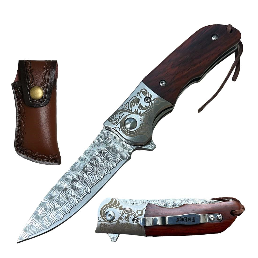 Ball Bearing Damascus Blade Pocket Knife with Wood Handle - TOPHATTER'S ARMORY DEALS Collectible Weapons - Tophatter Daily Deals