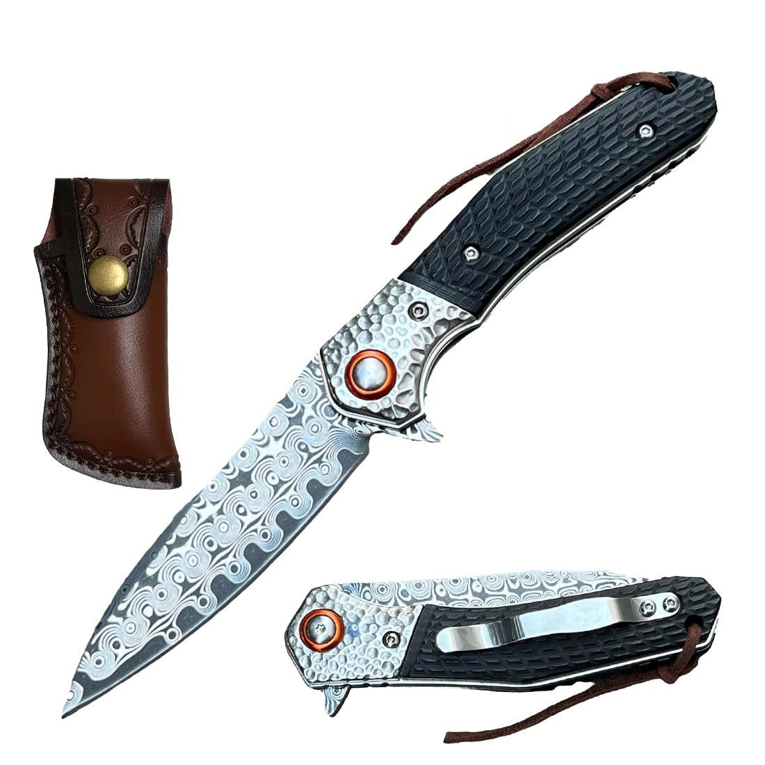 Ball Bearing Damascus Blade Pocket Knife with Black Wood Handle - TOPHATTER'S ARMORY DEALS Collectible Weapons - Tophatter Daily Deals