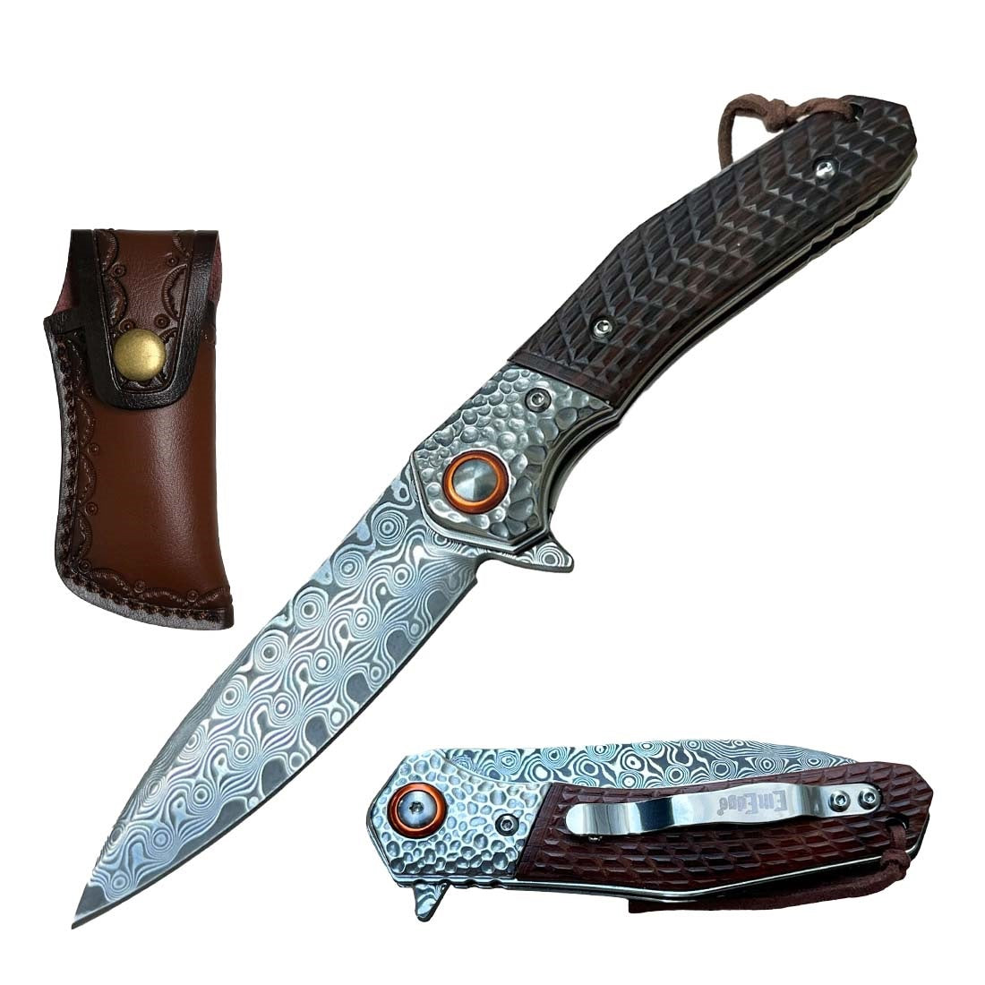 Ball Bearing Damascus Blade Pocket Knife with Brown Wood Handle - TOPHATTER'S ARMORY DEALS Collectible Weapons - Tophatter Daily Deals