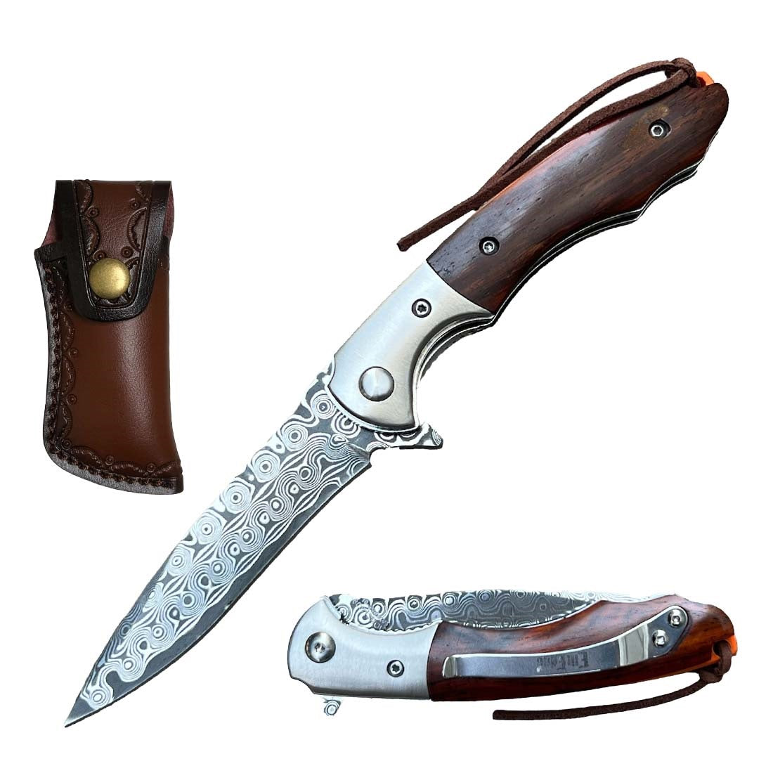 Ball Bearing Damascus Blade Pocket Knife Brown Wood Handle - TOPHATTER'S ARMORY DEALS Collectible Weapons - Tophatter Daily Deals