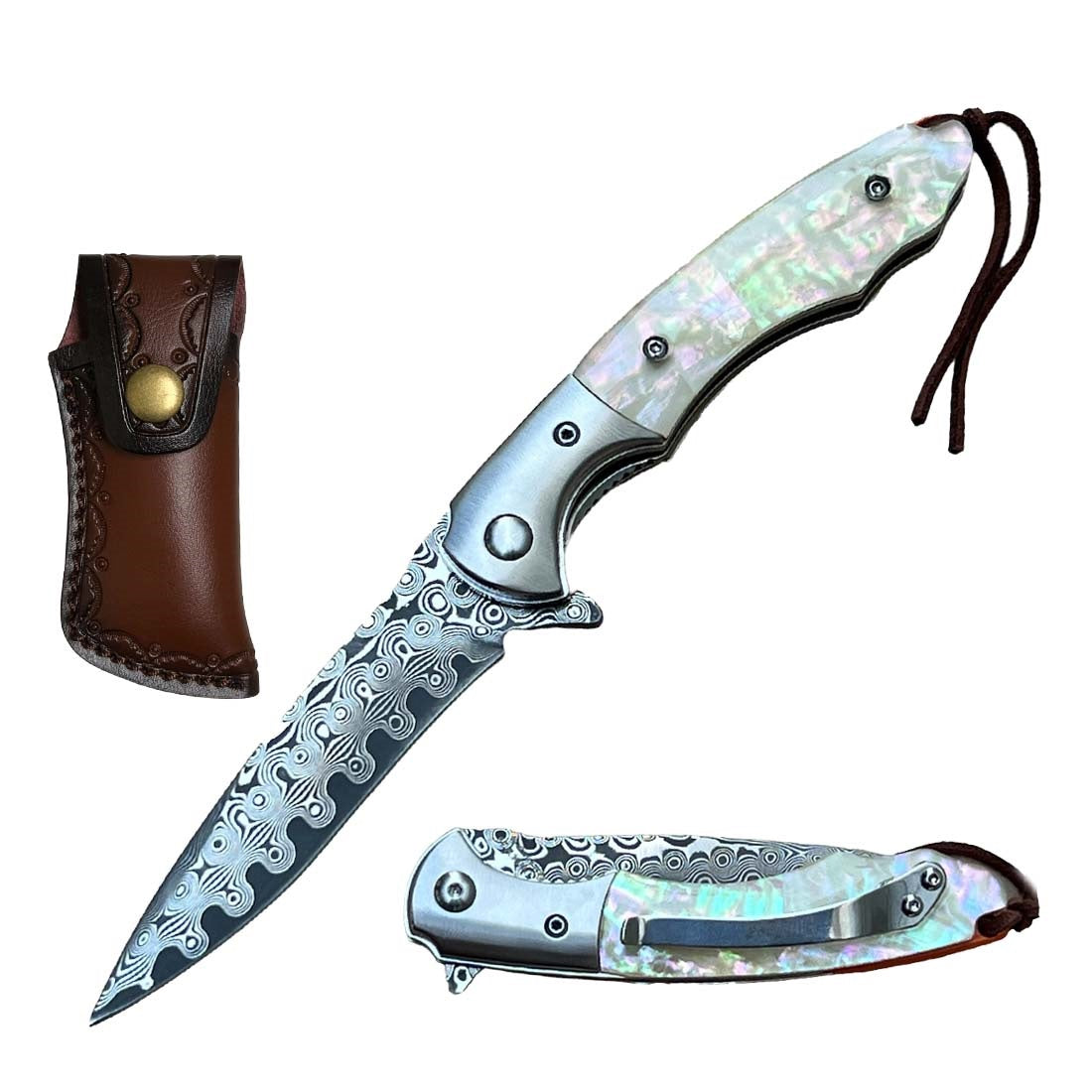 Ball Bearing Damascus Blade Pocket Knife Pearl Handle - TOPHATTER'S ARMORY DEALS Collectible Weapons - Tophatter Daily Deals