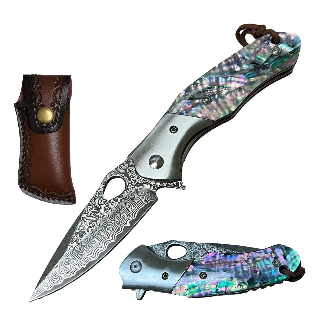 Ball Bearing Damascus Blade Pocket Knife Abalone Handle - TOPHATTER'S ARMORY DEALS Collectible Weapons - Tophatter Daily Deals