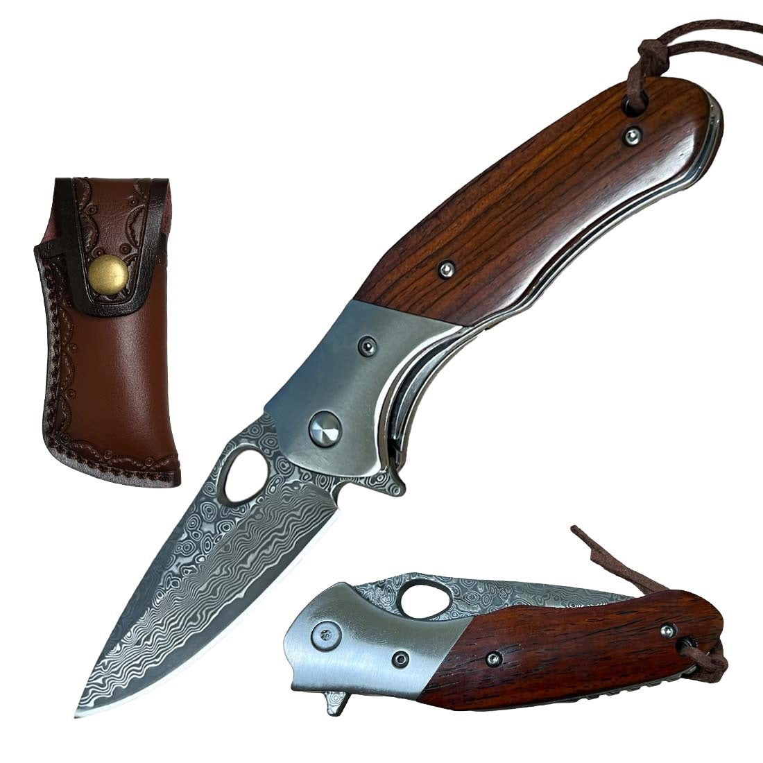 Ball Bearing Damascus Blade Pocket Knife Wood Handle - TOPHATTER'S ARMORY DEALS Collectible Weapons - Tophatter Daily Deals