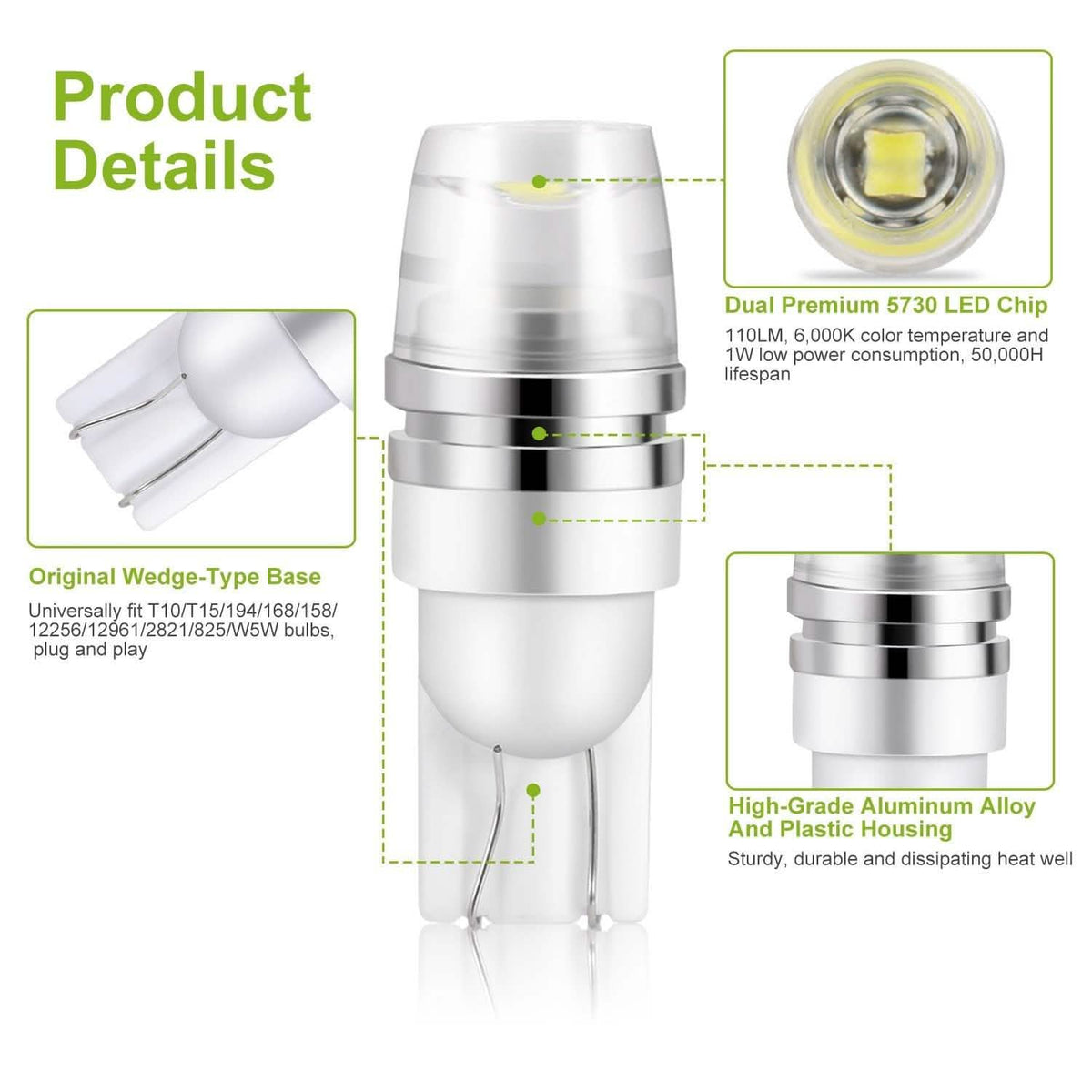 10-Piece: Xenon White Wedge Base LED Bulbs Automotive - Tophatter Daily Deals