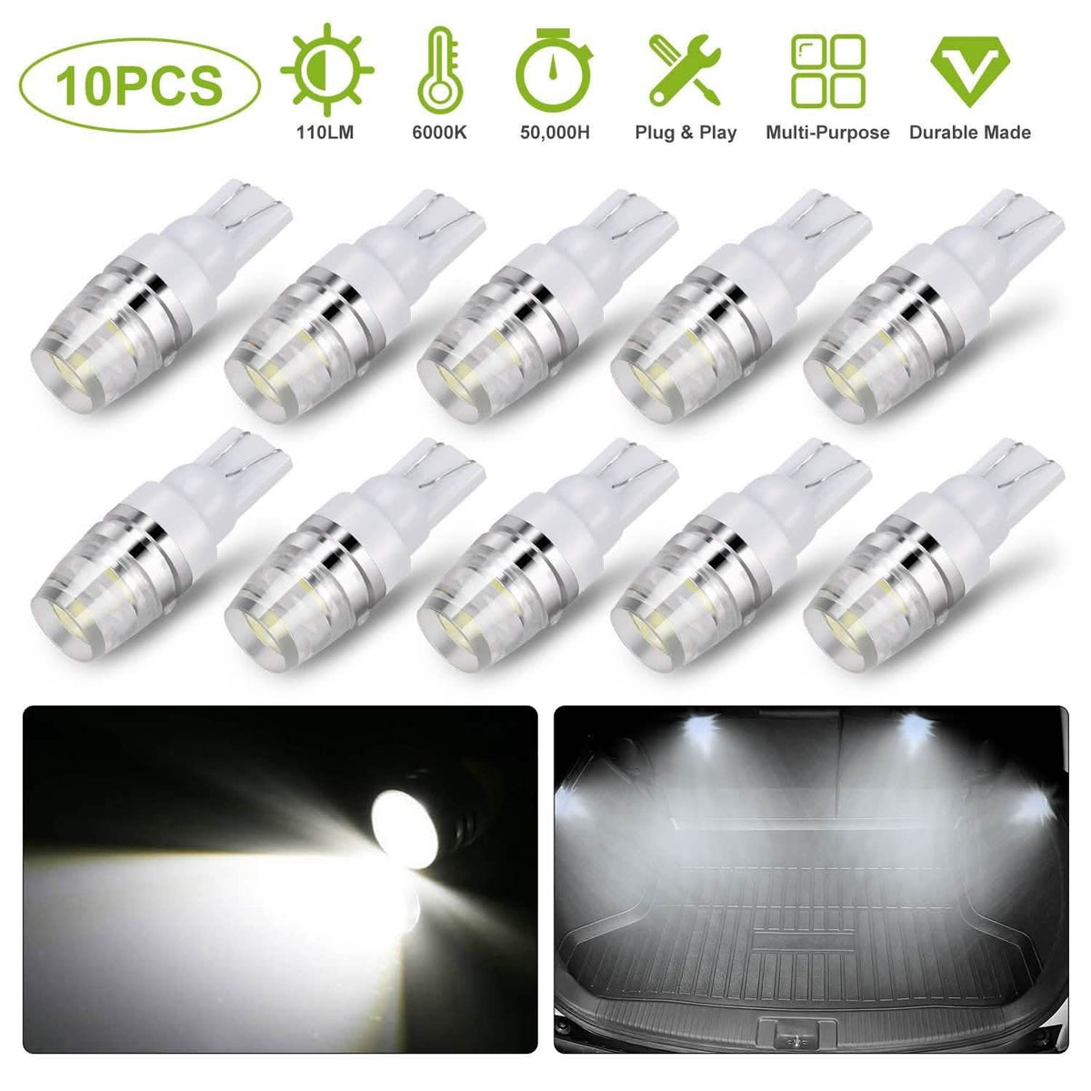 10-Piece: Xenon White Wedge Base LED Bulbs Automotive - Tophatter Daily Deals