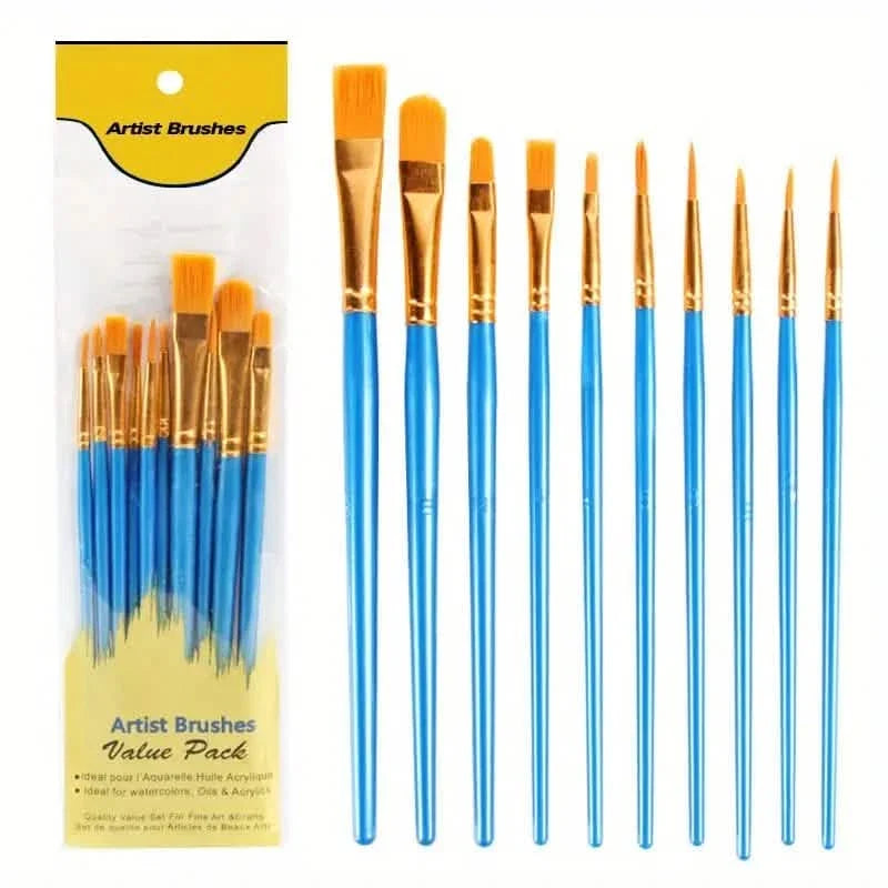 10-Pieces: Artist Paintbrush Nylon Round Pointed Flat Head Set Blue School, Office & Art Supplies - Tophatter Daily Deals