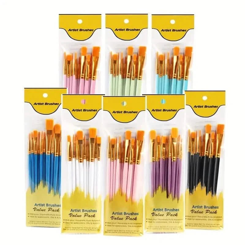 10-Pieces: Artist Paintbrush Nylon Round Pointed Flat Head Set School, Office & Art Supplies - Tophatter Daily Deals