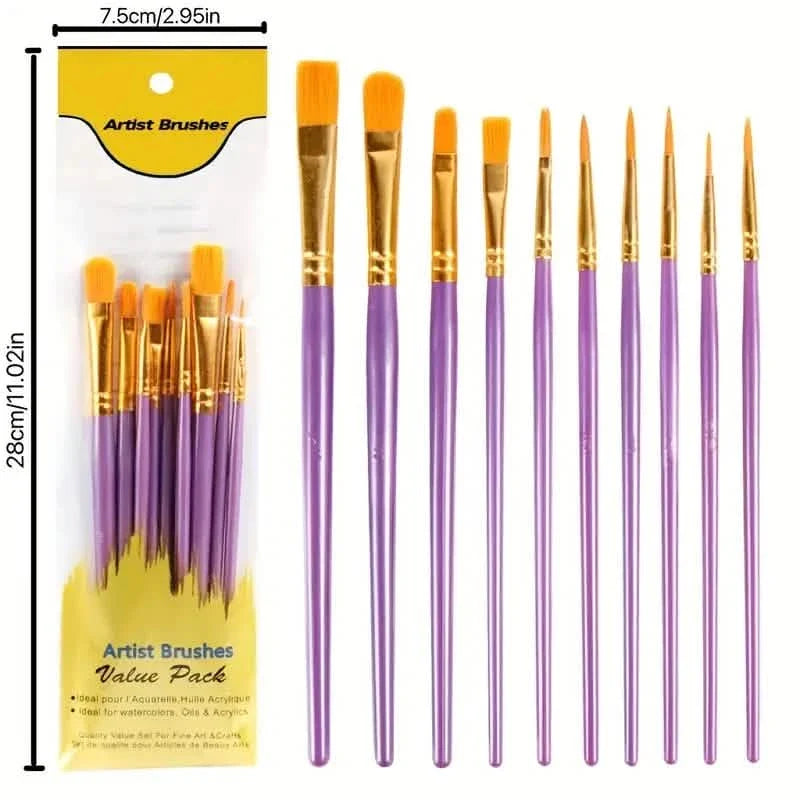10-Pieces: Artist Paintbrush Nylon Round Pointed Flat Head Set School, Office & Art Supplies - Tophatter Daily Deals