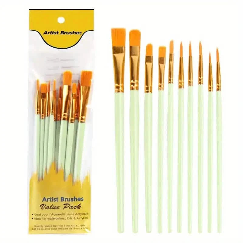 10-Pieces: Artist Paintbrush Nylon Round Pointed Flat Head Set Mint Green School, Office & Art Supplies - Tophatter Daily Deals