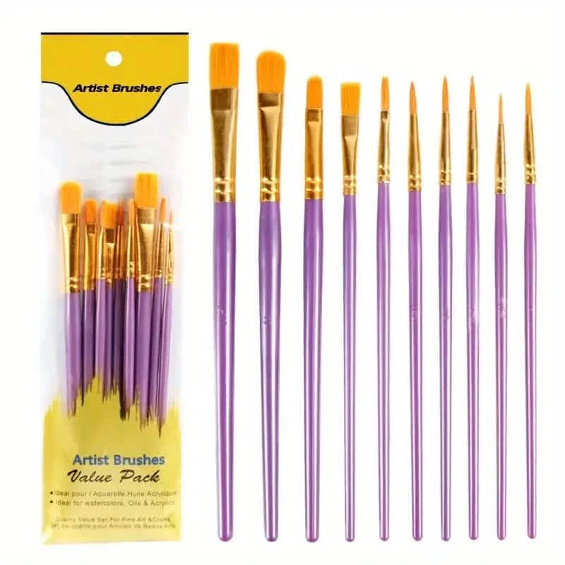 10-Pieces: Artist Paintbrush Nylon Round Pointed Flat Head Set Purple School, Office & Art Supplies - Tophatter Daily Deals