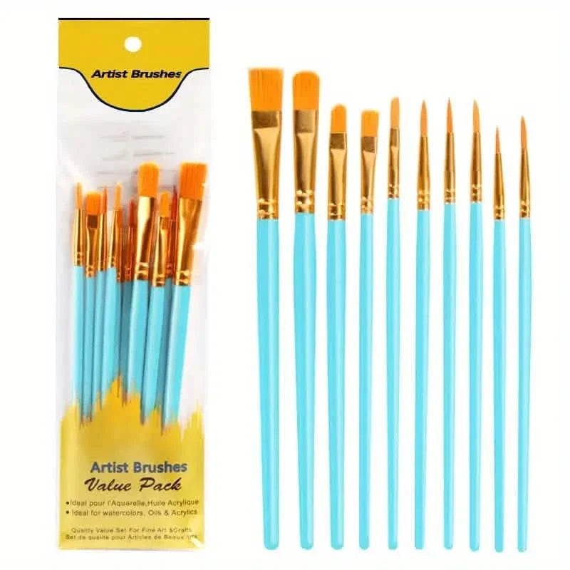 10-Pieces: Artist Paintbrush Nylon Round Pointed Flat Head Set Sky Blue School, Office & Art Supplies - Tophatter Daily Deals
